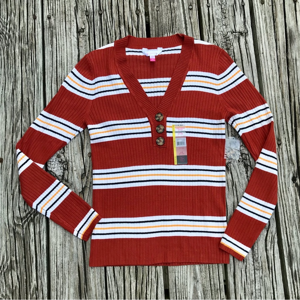 2/$10 NEW Ladies L NO BOUNDARIES Stripe Knit V Neck Henley Button Sweater Top
